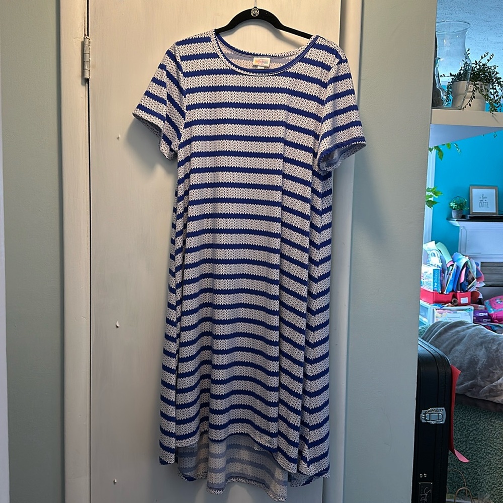 Lularoe Carly T-shirt Dress in blue with white design.